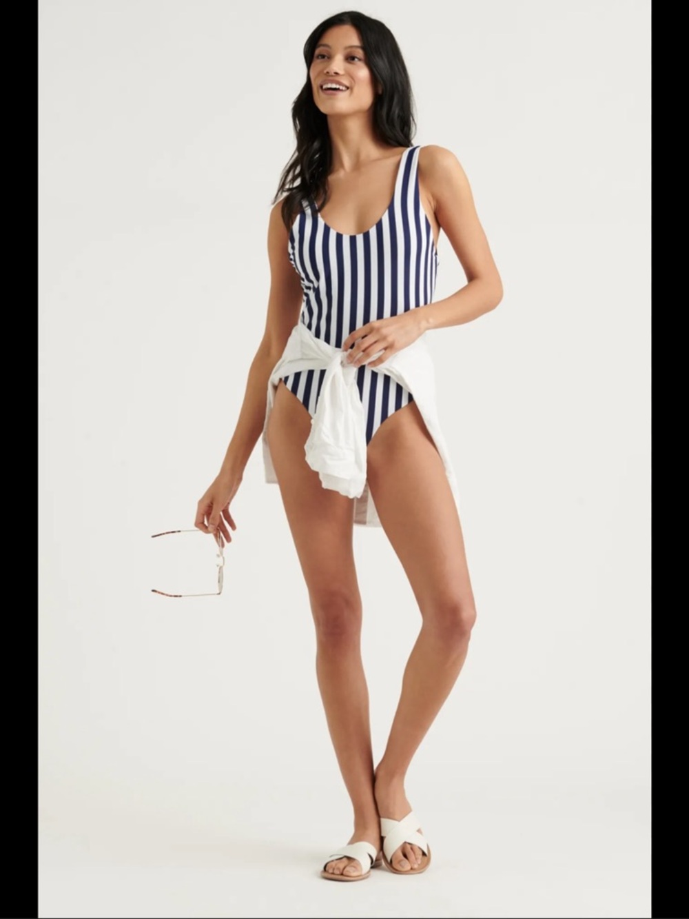 Striped Scoop-Back One-Piece Swimsuit - Navy/White